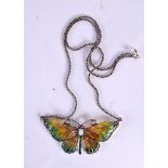 A SILVER AND ENAMEL BUTTERFLY NECKLACE. 11 grams. 47 cm long, pendant 5.5 cm x 2.5 cm.