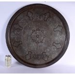 A RARE LARGE 19TH CENTURY MIDDLE EASTERN SILVER INLAID BRONZE CHARGER decorated all over with Kufic