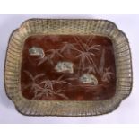 A 19TH CENTURY JAPANESE MEIJI PERIOD MIXED METAL RECTANGULAR DISH decorated with animals within land