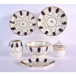 18th c. Caughley bowl, two saucer dishes, a tea canister and a spoon tray decorated under glaze blue