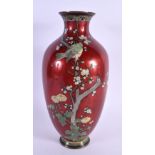 A 19TH CENTURY JAPANESE MEIJI PERIOD CLOISONNE ENAMEL VASE decorated with birds on a cherry red grou