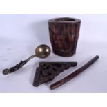 AN 18TH/19TH CENTURY CHINESE HARDWOOD BRUSH POT possibly Zitan, together with a Zitan handled spoon