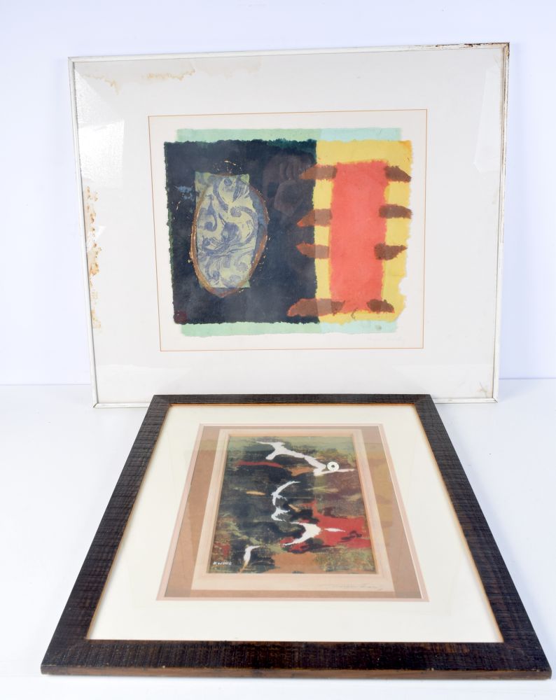 A LARGE FRAMED ABSTRACT together with a framed abstract by Graham Ewing. Largest 49 cm x 42 cm. (2)