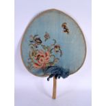 A 19TH CENTURY CHINESE EMBROIDERED SILK FAN Qing, decorated with bats and foliage. 45 cm x 30 cm.