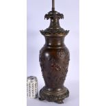 A LARGE 19TH CENTURY JAPANESE MEIJI PERIOD BRONZE COUNTRY HOUSE LAMP decorated in relief with birds.