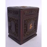 A CHINESE REPUBLICAN PERIOD HARDWOOD BOX AND COVER decorated with calligraphy and objects. 13 cm x 8