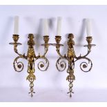 A PAIR OF 19TH CENTURY FRENCH GILT BRONZE COUNTRY HOUSE WALL SCONCES. 46 cm x 24 cm.