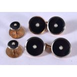 A PAIR OF 9CT GOLD, BLACK ENAMEL AND SEED PEARL CUFFLINKS TOGETHER WITH 2 MATCHING COLLAR STUDS. 1.