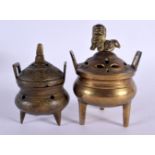 TWO LATE 19TH CENTURY CHINESE BRONZE CENSERS AND COVERS. Largest 12 cm x 8 cm. (2)