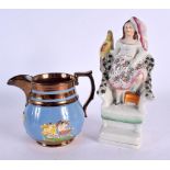 AN ANTIQUE SUNDERLAND LUSTRE JUG and a Staffordshire figure. Largest 18 cm high. (2)