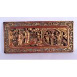 A 19TH CENTURY CHINESE CARVED GILTWOOD RED PAINTED TEMPLE PANEL Qing. 38 cm x 18 cm.