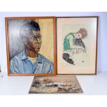 A framed oil on board of a male together with a framed print of a female and a watercolour 57 x 47 c
