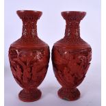 A PAIR OF 19TH CENTURY CHINESE CARVED CINNABAR LACQUER VASES Qing. 24 cm x 10 cm.