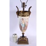 A LARGE 19TH CENTURY FRENCH SEVRES STYLE TWIN HANDLED PORCELAIN LAMP painted with a female. 68 cm hi