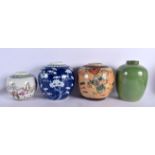 THREE LATE 19TH CENTURY CHINESE EXPORT GINGER JARS together with a monochrome crackle glazed vase. 2