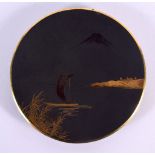 AN EARLY 20TH CENTURY JAPANESE TAISHO PERIOD MIXED METAL DISH decorated with a boat within a landsca