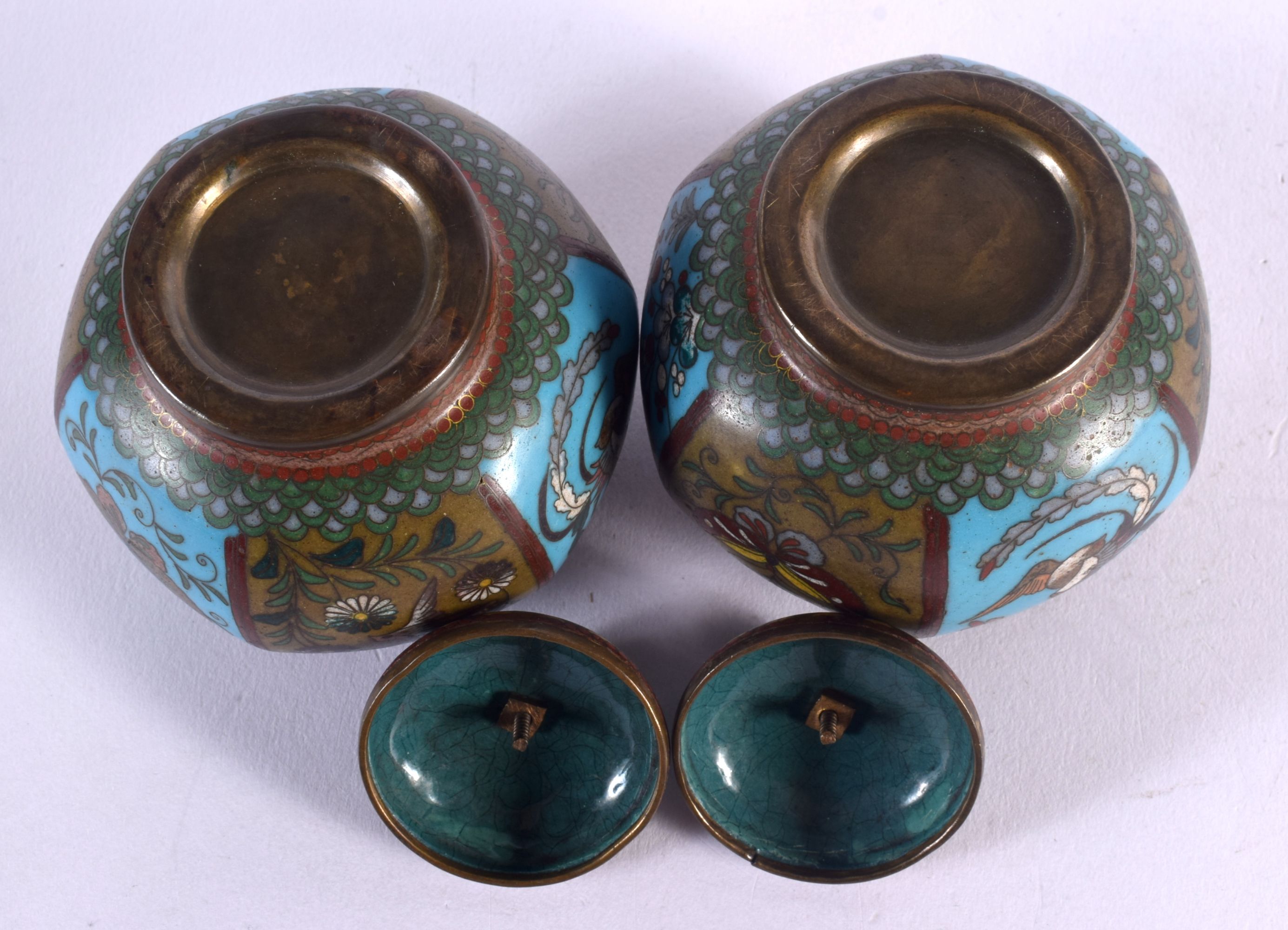 A PAIR OF 19TH CENTURY JAPANESE MEIJI PERIOD CLOISONNE ENAMEL JARS AND COVERS decorated with insects - Image 5 of 5