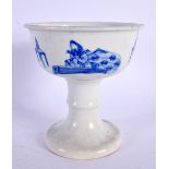 A 19TH CENTURY JAPANESE MEIJI PERIOD BLUE AND WHITE PORCELAIN STEM CUP painted with figures. 9 cm x