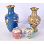 Two Chinese Cloisonne enamel vases together with a pair of small Chinese porcelain pots largest 21