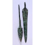 AN EARLY BRONZE ASIAN FLAMING FINIAL and a blade. Largest 20 cm x 2.75 cm. (2)