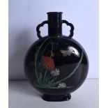 An aesthetic movement Stourbridge Portland Pilgrim flask hand painted with flowers and butterflies