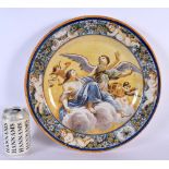 A 19TH CENTURY ITALIAN MAJOLICA FAIENCE GLAZED POTTERY DISH painted with mythical scenes. 34 cm diam