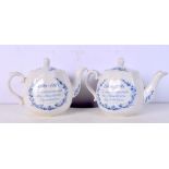A PAIR OF AMERICAN REVOLUTION BLUE AND WHITE TEAPOTS. 23 cm wide.