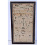 A framed sampler dated 1790 36 x 18 cm.