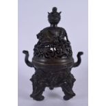 A FINE 18TH CENTURY CHINESE IMPERIAL BRONZE CENSER AND COVER Qianlong, formed with bold jewelled ele
