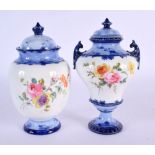 Early 19th century Royal Crown Derby Vase and Cover painted with flowers under a blue border and ano