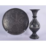 A 19TH CENTURY MIDDLE EASTERN SILVER INLAID BRONZE VASE together with a similar silver inlaid dish.