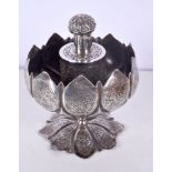 AN INDIAN KASHMIR SILVER SCENT BOTTLE HOLDER formed as a lotus flower containing a Kutch type bottle