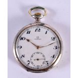 A SILVER OMEGA POCKET WATCH. 4.75 cm diameter.