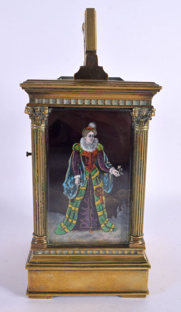 A FINE 19TH CENTURY FRENCH LIMOGES ENAMEL CARRIAGE CLOCK painted with figures and motifs. 21 cm x 10 - Image 3 of 6