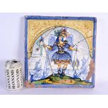 A RARE 18TH CENTURY EUROPEAN FAIENCE TIN GLAZED SQUARE TILE painted with a winged female holding fis