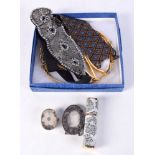 A quantity of ladies fashion accessories, Marcel Rochas lipstick holder,Azuni bead cuffs., 1920's st