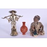 A CHINESE YIXING POTTERY SNUFF BOTTLE 20th Century, together with a figure & okimono. Largest 17 cm