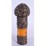 AN EARLY 20TH CENTURY TIBETAN SILVER AND AMBER SEAL. 223 grams. 13.5 cm x 5 cm.