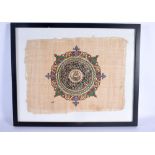 A MIDDLE EASTERN FRAMED AND GLAZED ISLAMIC PAINTED FRAGMENT. 50 cm x 42 cm.