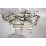 A quality collection of silver plated items Lobster forks, flower stands, asparagus dish etc (Qty)