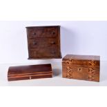 A Tunbridge ware wooden stationary/work box together with a apprentice piece 3 drawer mahogany chest