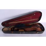 A CASED VIOLIN with two bows. Violin 59 cm wide, length of back 36.5 cm. (3)