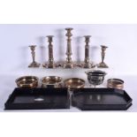 A COLLECTION OF ANTIQUE OLD SHEFFIELD PLATE including candlesticks, a silver mounted wood tray etc.