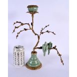 AN UNUSUAL CONTINENTAL CELADON GLAZED COUNTRY HOUSE BRONZE CANDLESTICK overlaid with birds. 34 cm x