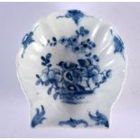 18th century Worcester shell shaped dish of small size painted with the Two Peony Rock Bird pattern,
