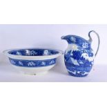 A LARGE WEDGWOOD BLUE AND WHITE FALLOW DEER WASH JUG AND BASIN. 36 cm wide. (2)