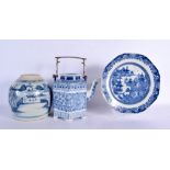 AN 18TH CENTURY CHINESE EXPORT BLUE AND WHITE PLATE Qianlong, together with a ginger jar & teapot. L