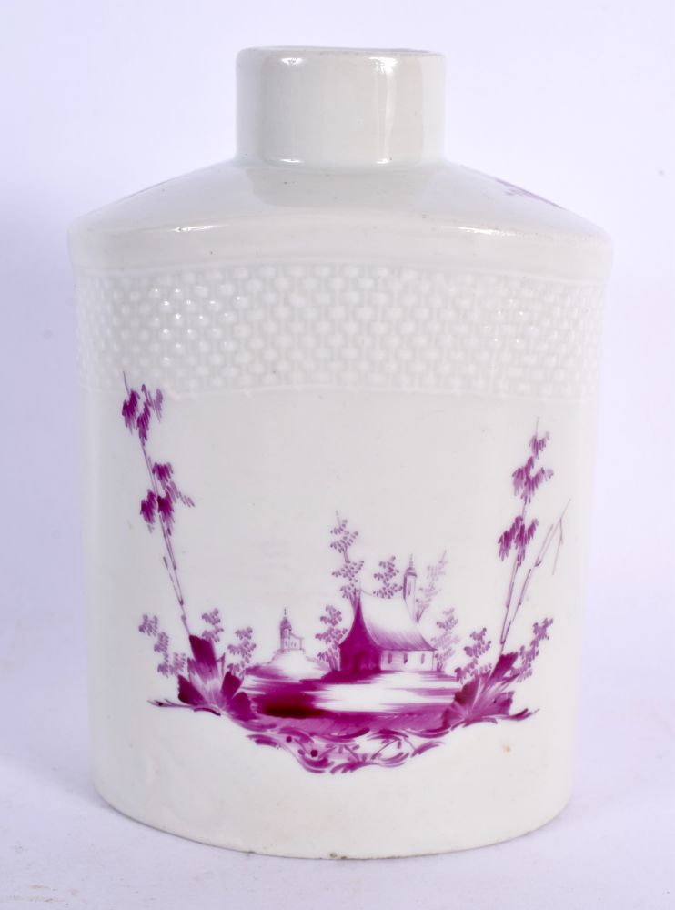 AN 18TH CENTURY GERMAN PORCELAIN TEA CANISTER painted in puce with landscapes. 12 cm x 8 cm.