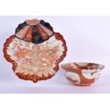 A 19TH CENTURY JAPANESE MEIJI PERIOD IMARI LEAF SHAPED DISH together a scalloped bowl Largest 18 cm