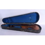 A CASED 19TH CENTURY AUGSBURG GERMAN VIOLIN AND BOW bearing label to interior Joseph Haff. 56 cm lon